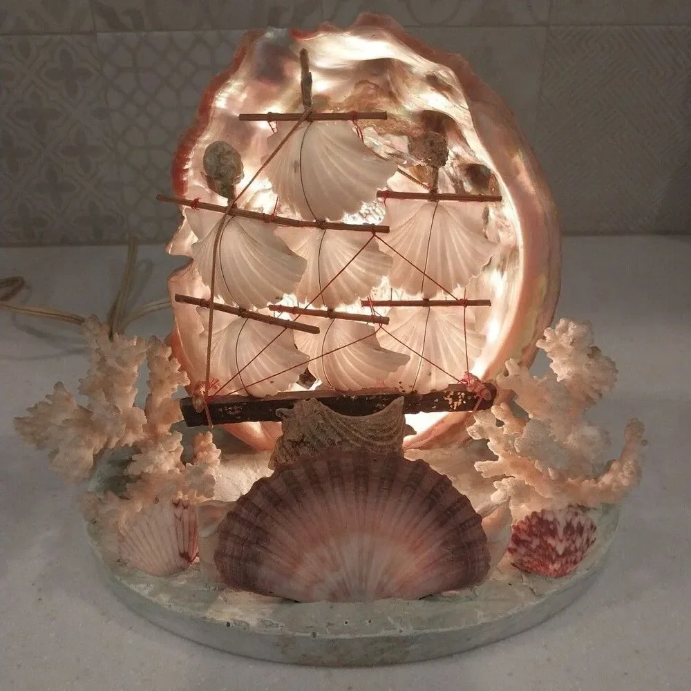 Vintage Abalone Shell Sailboat Lamp Handmade Nautical Coastal Coral Light Decor